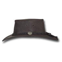 1022 Squashy Bronco leather hat in chocolate, side view showing the longer back brim