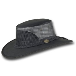 1062 Foldaway Bronco Cooler oiled and waxed leather hat with mesh sides in black