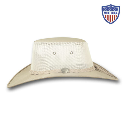 Barmah 1087 Extra Wide Brim Canvas Cooler in beige, side view