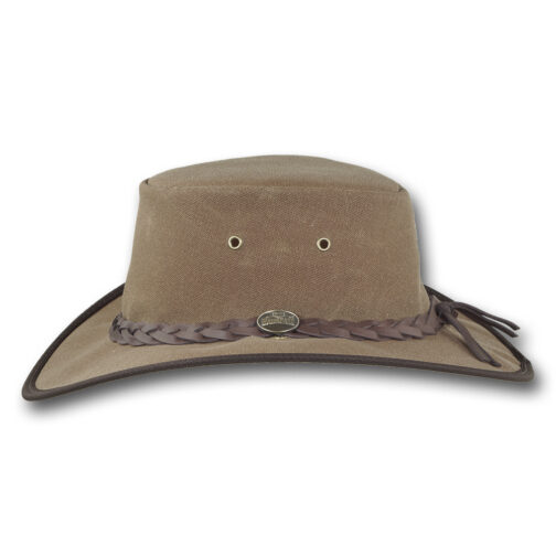 Barmah 1058 Waxed Canvas Drover in brown, side view