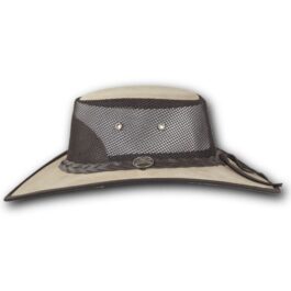 2080 Wide Brim Foldaway Bronco Cooler leather hat in driftwood, side view showing the 3 3/4 inch brim