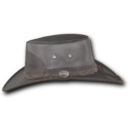 1038 Kangaroo Cooler leather hat in brown crackle, side view showing the mesh sides