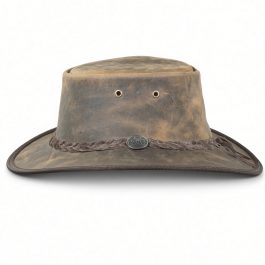 1060 Foldaway Bronco leather hat in rustic, side view showing the even brim