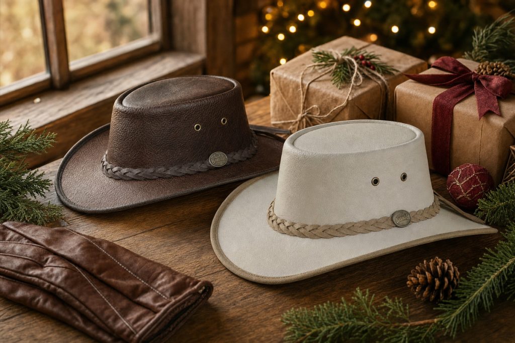 Bison leather and pearl goat leather outback hats with gifts wrapped in kraft paper on a cabin table