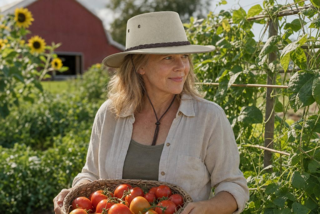 Woman in a sunny vegetable garden wearing a khaki 1057 Canvas Drover hat