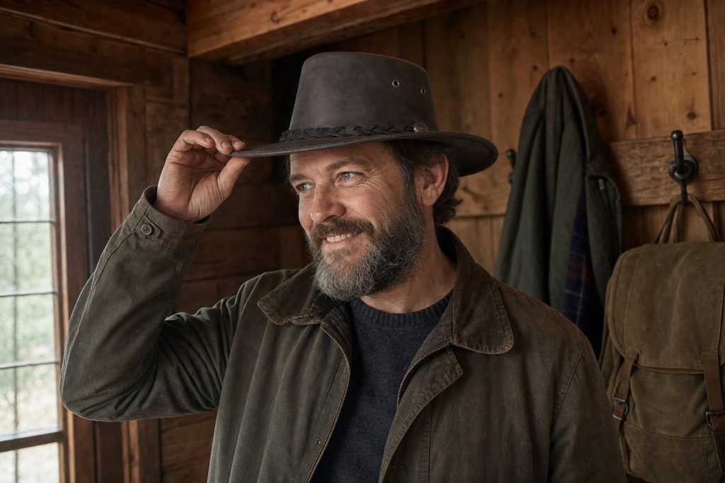 Man in a cabin entryway settling a dark brown 1022 Squashy Bronco leather hat onto his head
