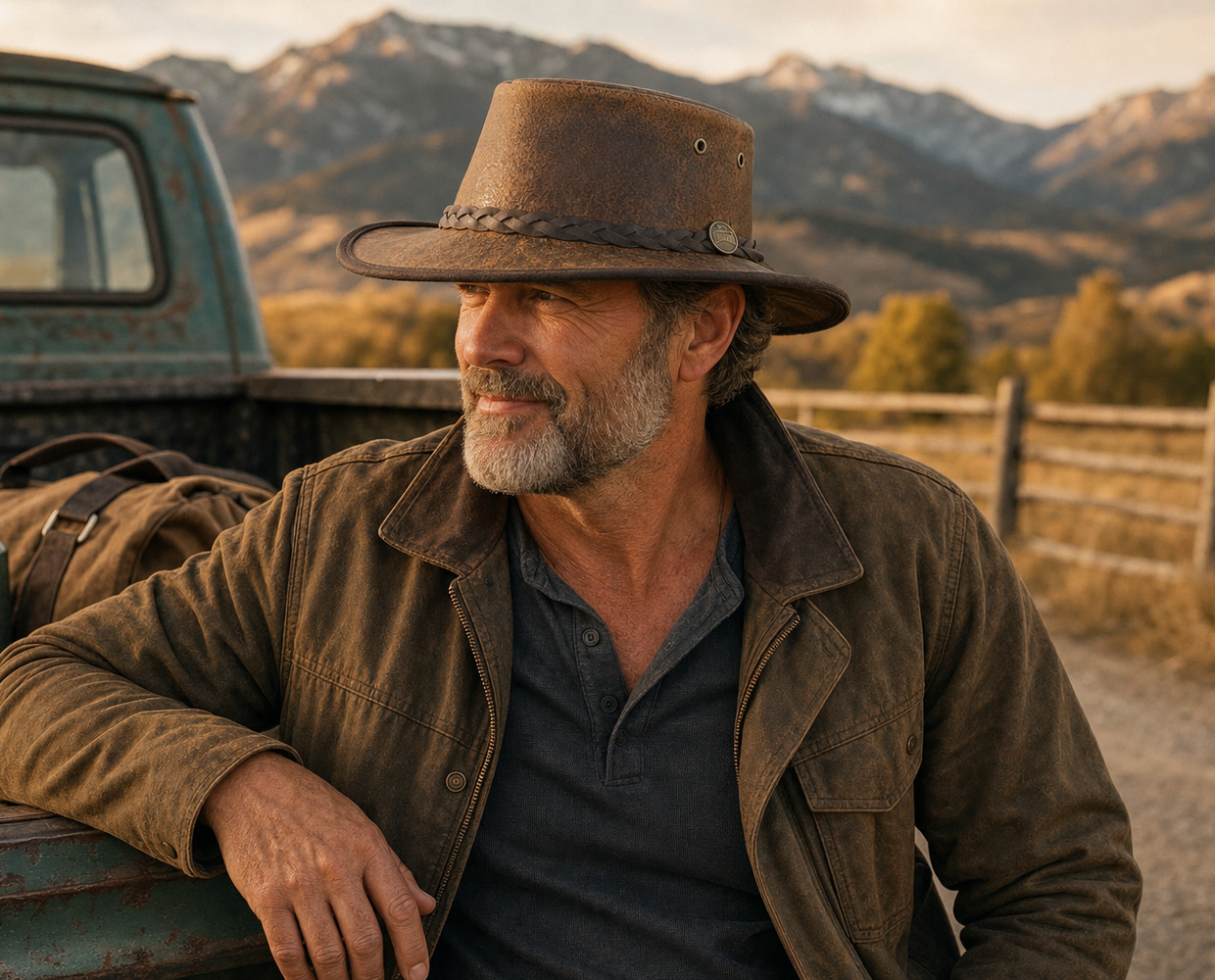 Rancher leaning on a pickup tailgate in the mountains wearing a Barmah 1069 Foldaway Boar leather hat in whiskey