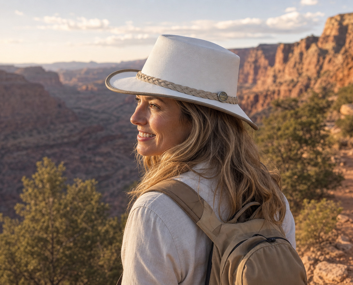Woman on a red rock canyon trail wearing a Barmah 2055 Squashy Goat leather hat in pearl