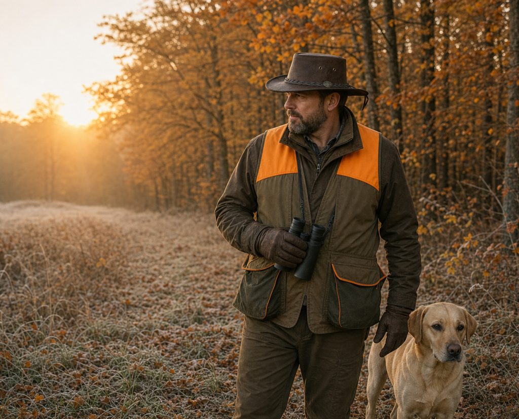 Upland hunter with a yellow Lab at dawn wearing a 1085 Squashy Bison leather hat