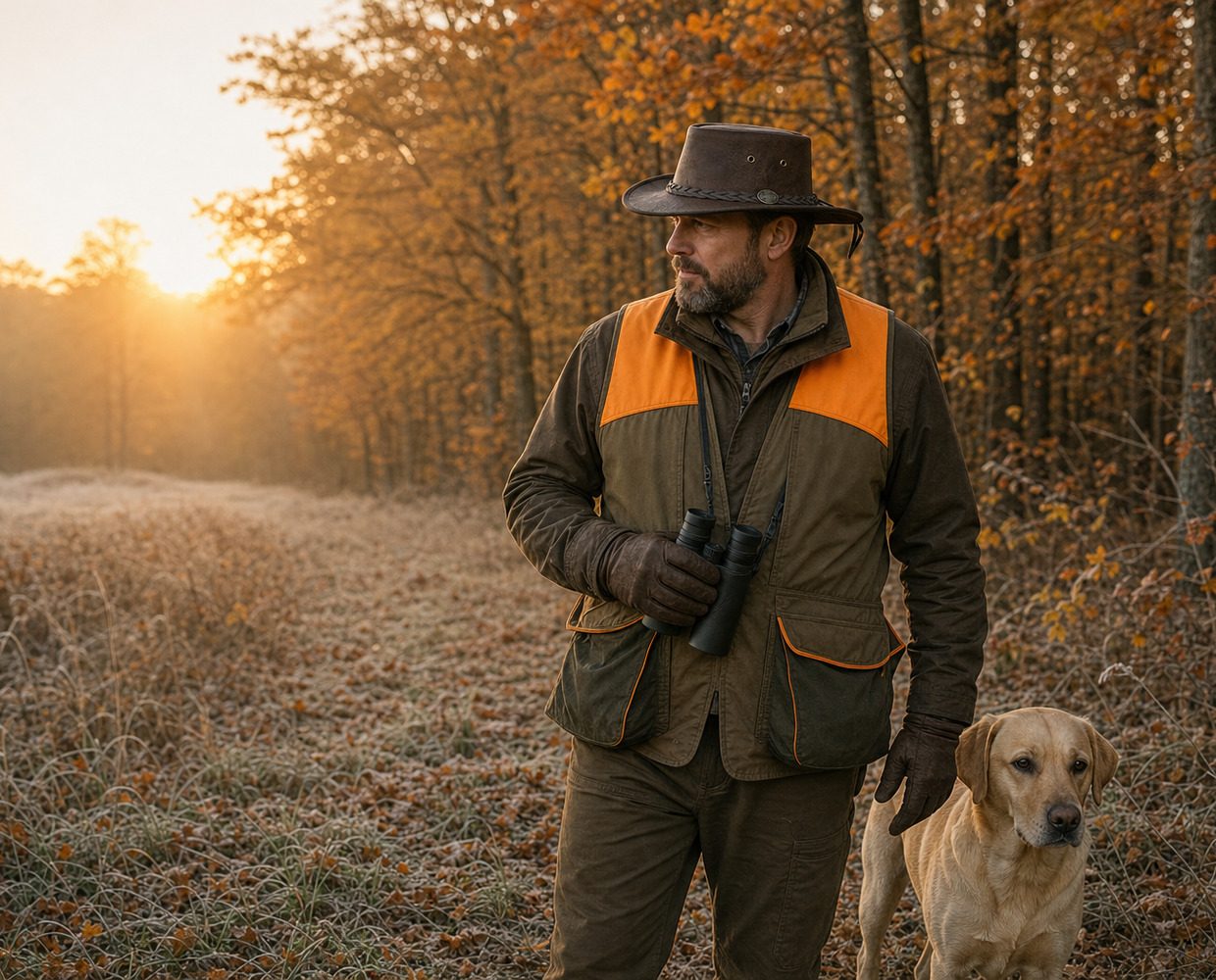 Upland hunter with a yellow Lab at dawn wearing a Barmah 1085 Squashy Bison leather hat