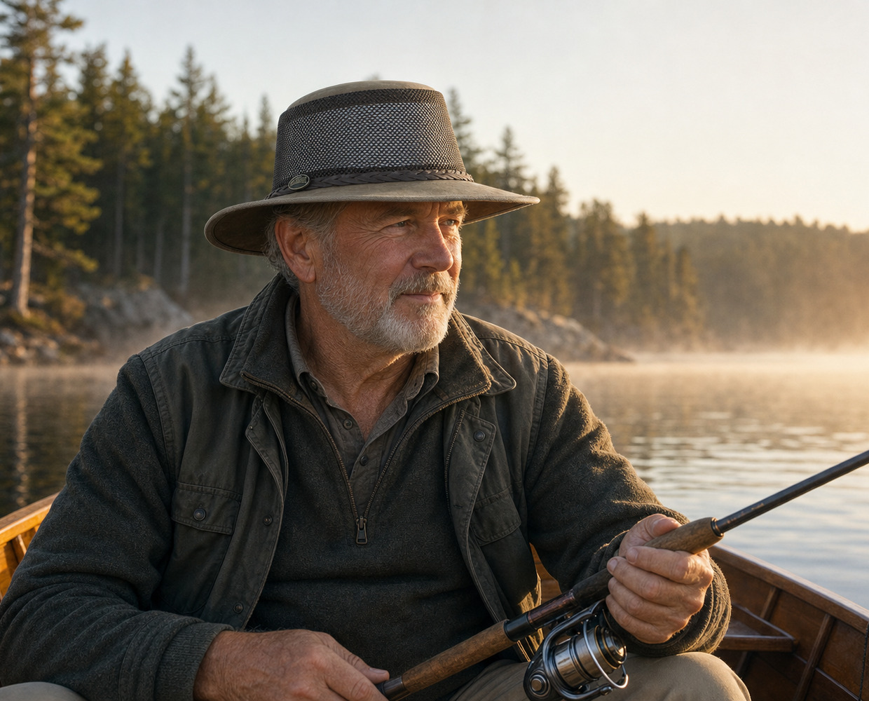 Angler in a wooden boat on a misty lake at sunrise wearing a Barmah 1062 Foldaway Bronco Cooler leather hat