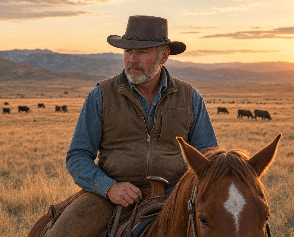 Rancher on horseback at sunset wearing a 1022 Squashy Bronco leather outback hat