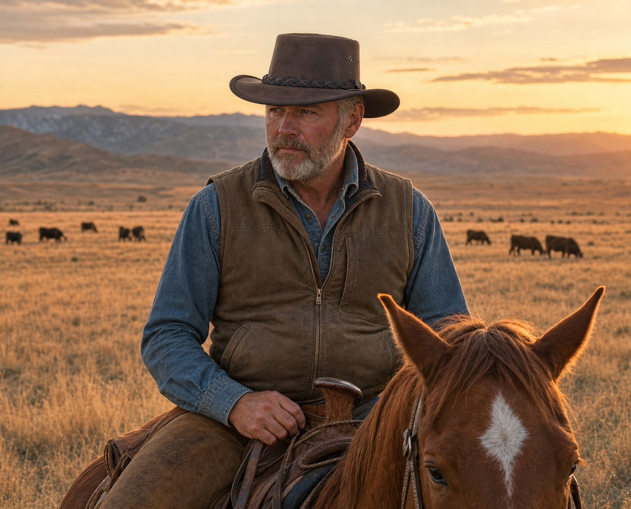 Rancher on horseback at sunset wearing a Barmah 1022 Squashy Bronco leather outback hat